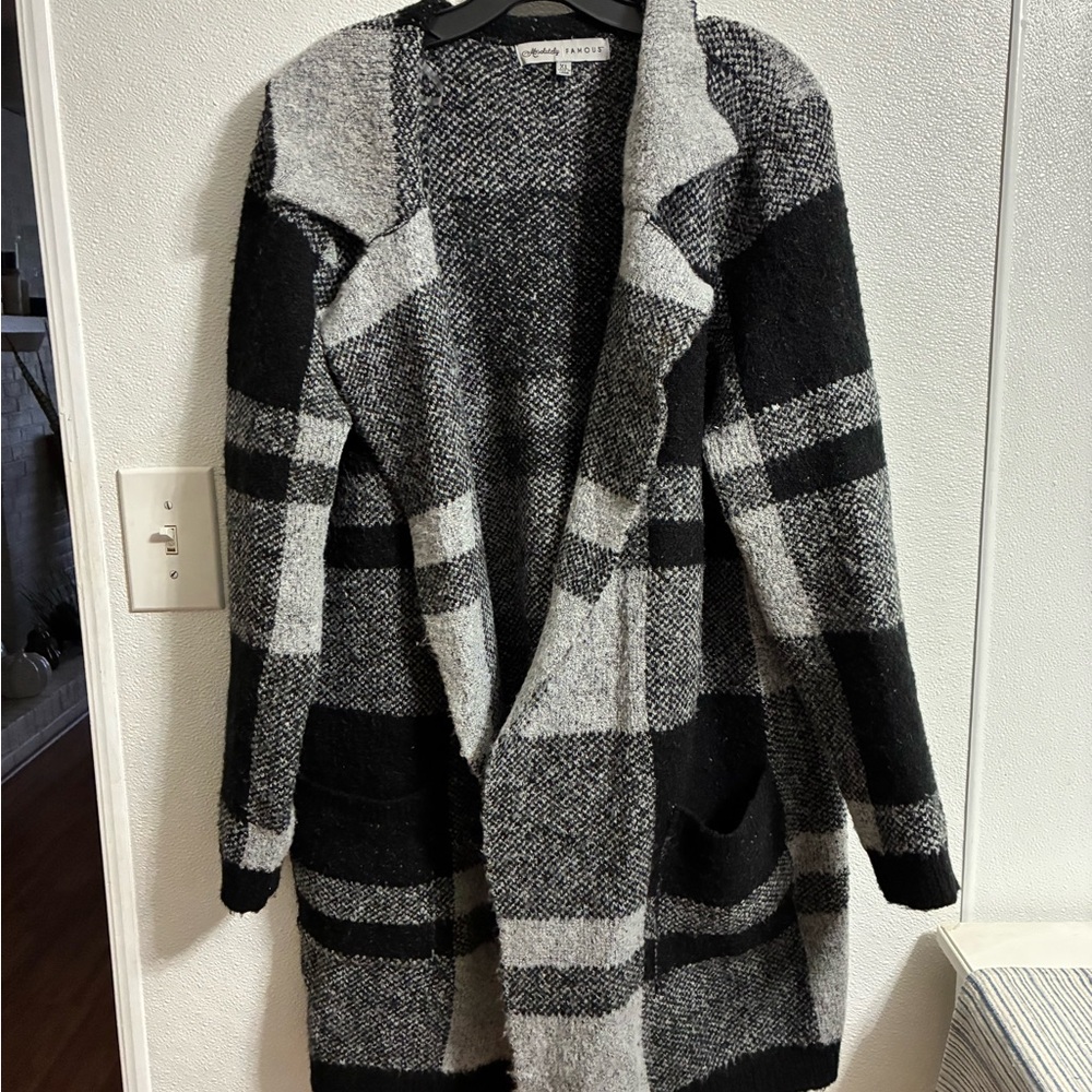 Plaid Open Front Cardigan Sweater - Black and Gray size XL